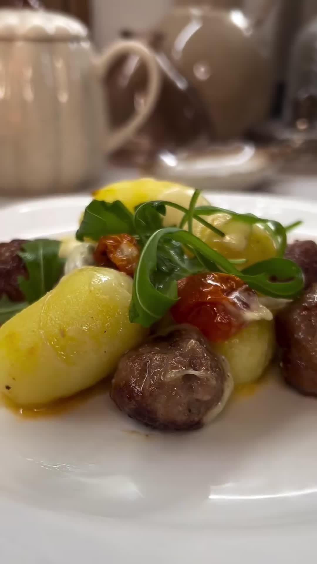 Meatballs with Gnocchi, Cherry Tomatoes and Mozzarella
