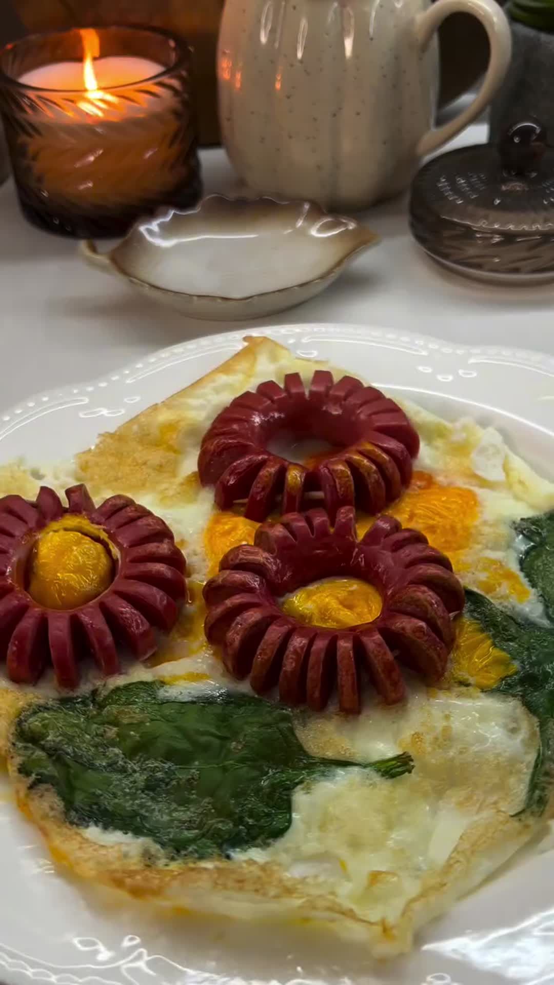 Omelette with Sausage Flowers and Spinach