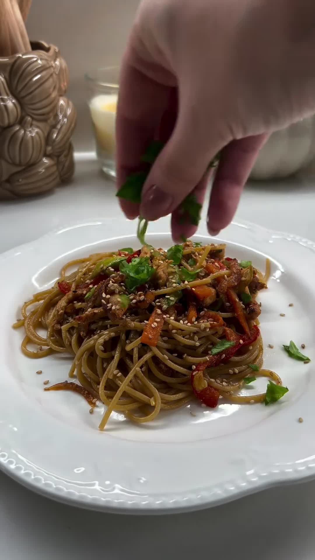 Chicken and Vegetable Stir-Fry over Spaghetti