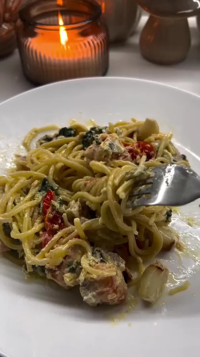 Salmon with Spinach and Cream Cheese over Pasta